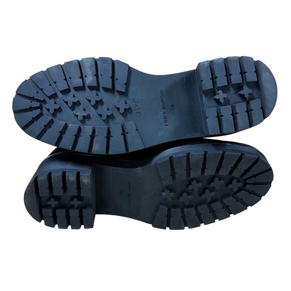 Tory Burch NWOB Chelsea 50mm Lug Suede Black Bootie Size 5M Pull Tab Gold Logo - Picture 7 of 10